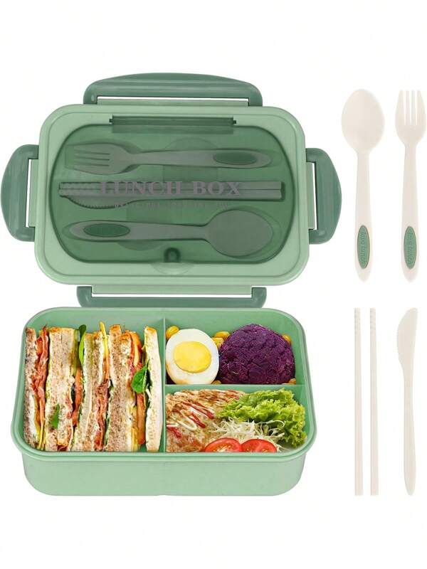 Set Bento Box Adult Lunch Box, Containers For Adults Men Women With 3 Compartments, Lunchable Food Container With Utensils, Sauce Jar, Muffin Liners, Microwave & Dishwasher Safe, Brown, (Send Knives, Forks, Spoons, And Chopsticks ),Kitchen,Christmas Gift
