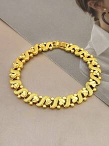 1pc 24K Gold Plated Heart Chain Bracelet, Luxury Women Fashion Gold Plated Bangle Cuff, Matches Any Outfit
