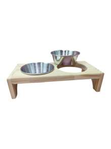 Comedouro PEQUENO para gatos ou cachorros de pequeno porte agua e ração 2 potes de alumínio com base de madeira de Pinus finger Mini Madeira natural Pets Pequeninos