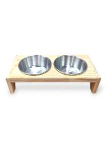 Comedouro PEQUENO para gatos ou cachorros de pequeno porte agua e ração 2 potes de alumínio com base de madeira de Pinus finger Mini Madeira natural Pets Pequeninos