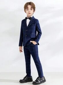 Boys Suits Grid 5-Pieces Suit Set Toddler Tuxedos Dresswear Ring Bearer Outfit Wedding Blazer Vest Pants Shirts Tie Formal Suits For Kids Navy Blue Size 6-16Y