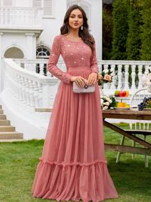 MIUSOL 优雅亮片花卉蕾丝撞色网纱荷叶边长袖正式礼服，适合婚礼宾客、毕业典礼、盛大晚宴及其他正式场合。