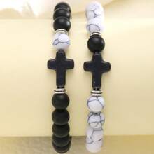 2pcs/4pcs/6pcs Classic Men's Beaded Cross Pendant Bracelet Set, Casual Daily Wear, Gift For Boyfriend, Husband, Father, Son