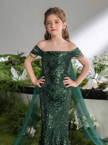 女童露肩珠饰亮片美人鱼尾派对礼服