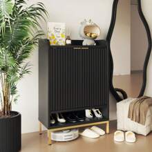 Modern Shoe Cabinet With Fluted Door,5-Tier Farmhouse Shoe Cabinet With 3 Adjustable Shelves,41.5'' Tall Wooden Shoe Rack Organizer Cabinet For Entryway, Hallway,Living Room - Natural - 查看 7