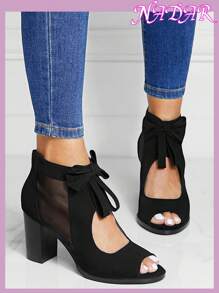 Women's Fashion Hollow Out Bowknot Open Toe Platform Thick High Heel Sandals, Suitable For Spring/Autumn - Black - View 1