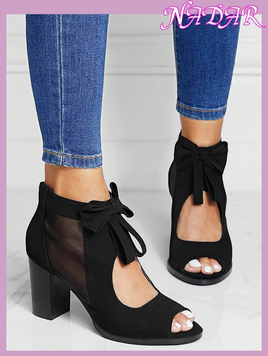 Women's Fashion Hollow Out Bowknot Open Toe Platform Thick High Heel Sandals, Suitable For Spring/Autumn - Black - View 1