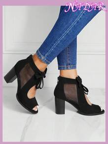 Women's Fashion Hollow Out Bowknot Open Toe Platform Thick High Heel Sandals, Suitable For Spring/Autumn - Black - View 4