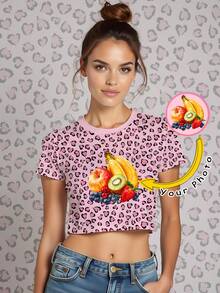 Women 3D Printed Custom Picture T-Shirt Fashion Personalized Crop Top Shirts Pink Leopard Print Baby Tees Add Your Own Photos (Family Photos, Selfies) To Design Custom Printed T-Shirts Casual - Pink - View 2