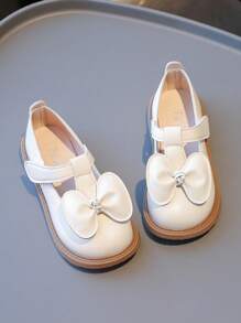 1 双女童蝴蝶结点缀简约时尚优雅皮革平底鞋，适合夏季 - 米色 - 查看 2