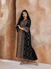 Abito lungo in stile arabo elegante con ricami dorati e paillettes, in stile tradizionale da primavera/estate, tipico del Ramadan