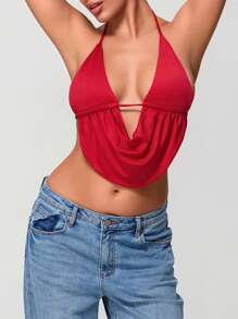 Women's Summer Halter Neck Vest Sleeveless Deep V Neck Solid Color Crop Tank Tops - Red - View 5