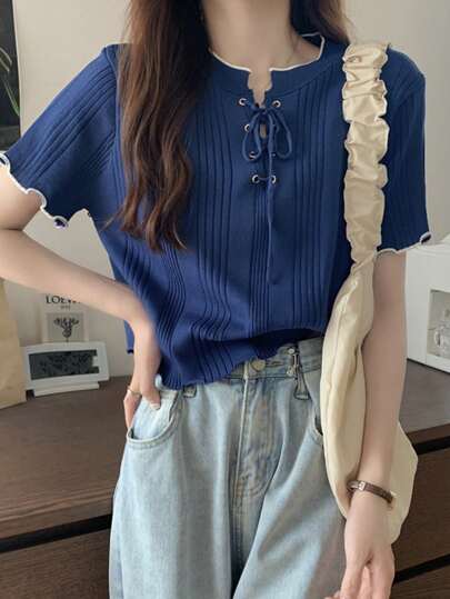 女式短袖修身撞色针织上衣，夏季