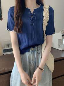 Women's Short Sleeve Fitted Contrast Color Knit Top, Summer