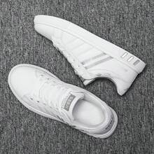 Mens Fashion Color Blocking Stripe Low Top Sneakers, Non-Slip Wear-Resistant, Breathable Lightweight Comfortable PVC Lace-Up Design Casual Sports Shoes Men - 白色 - 查看 3