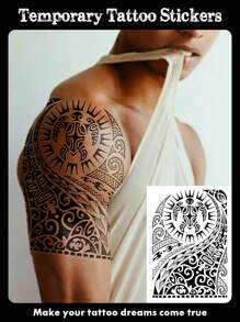 1 foglio di grandi dimensioni di adesivi per tatuaggi temporanei per il corpo da donna o uomo, stile totem retrò, motivo a spirale totem nero, tatuaggio finto impermeabile, dura 2-5 giorni, copre cicatrici, può essere usato su braccia, polsi, spalle, gambe, collo, mano, petto, dita, caviglia - nero - Visualizzare 6