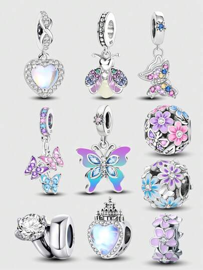 1 PC Silver Colorful Heart Butterfly Flower Pendant Suitable For Bracelets DIY Women's Jewelry Valentines