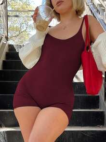 女士纯色露背细肩带连体裤 - 酒紅色 - 查看 3