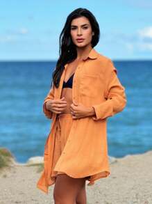 Beach Cover-Up Shirt And Shorts Summer - 駝色 - 查看 4