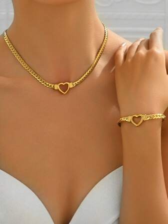 2pcs/Set Stainless Steel Chain Necklace With Hollow Out Heart Pendant, Flat Snake Chain Bracelet Fashion Jewelry Kit Valentines,Mom,Mother,Mother's Day,Gift