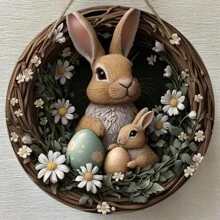 Enseigne murale décorative en bois lapin de Pâques - style bohème avec design lapin et œuf, couronne de marguerites. Décoration rustique pour la porte d'entrée, porche, salon, chambre à coucher. Décoration de printemps pour l'intérieur/extérieur, accessoires lapin. Cadeau parfait pour la famille et les amis