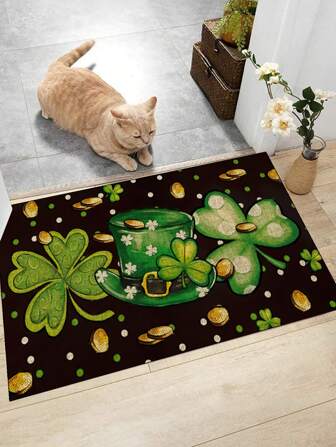 1pc 'Black Background, Two Four-Leaf Clovers, Hat, Gold Coins, Saint Patrick's Day ' Doormat, Indoor Mat, Throw Rug, Creative Door Mat, Entryway Themed Mat, Home Decor, Non-Slip Floor Rug Mat, Bedroom Accessories, Photo Props, Outdoor Decor, Throw Rug, Area Rug, Gift
