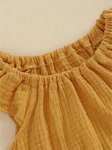 Baby Girl Boy Summer Cotton Linen Romper Clothes Basic Plain Ruffle Sleeveless Comfy Rompers Newborn Tops - 黃色 - 查看 3