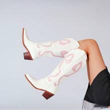 Women's White Cowgirl Boots With Bow Knee High Cowboy Boots Almond Round Toe Chunky Heel Embroidered Western Cowboy Boots For Women - 粉色 - 查看 5