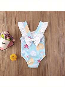 Baby Girls Summer One-Piece Swimwear Sleeveless Ruffles Shell Starfish Print Swimsuit Kids Cute Bow Backless Beachwear
