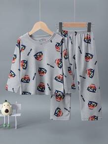 2 件套幼儿男童卡通卡车印花轻便长袖上衣和裤子休闲睡衣套装，春夏 - 彩色 - 查看 1