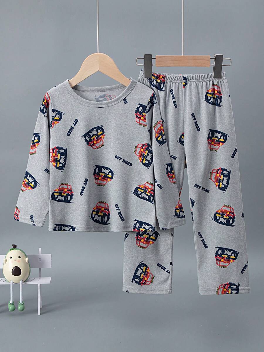 2 件套幼儿男童卡通卡车印花轻便长袖上衣和裤子休闲睡衣套装，春夏 - 彩色 - 查看 1
