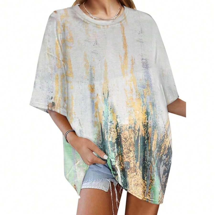 Women's All Over Print Crew Neck T-Shirt Short Sleeve Tops Women Clothes SOFIA'S CHOICE Women's Oversized Tie Dye Shirts Crewneck Short Sleeve T Shirt Casual Summer Tee Tops Women'S Day Gifts For Mother Sister Or Female Friend Girlfriend Suitable For Gatherings Daily Activities Work Leisure Entertainment Beach Travel Show Personality And Fashion Attitude - 淺綠色印花 - 查看 1