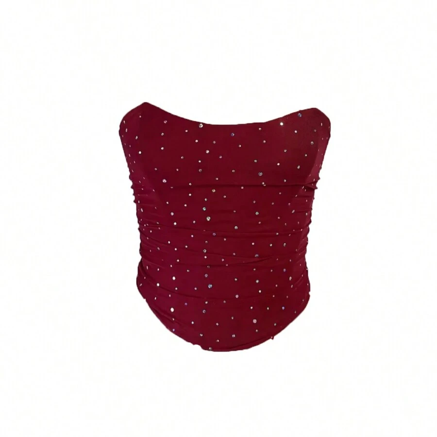 Áo crop top hở lưng hở lưng đính sequin lấp lánh Y2K viền cong viền ren - Màu Đỏ Sâu - Xem 1