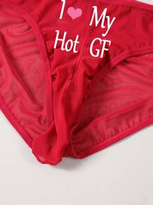Men's Red Sexy Letter & Heart Graphic Breathable Thin Comfortable Daily Pouch Thong Underwear