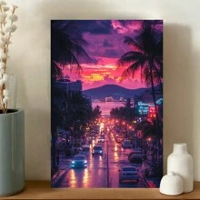Framed Street At Sunset Wall Art, Cars And Asphalt Road, Modern Urban Scene Artwork,Room, Living Room, Kitchen, Bathroom And Other Decoration, Suitable For Valentine's Day, Halloween, Christmas, New Year And Other Holiday Decoration - Framed - View 2