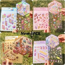 Sanrio 11pcs/7pcs/4pcs Per Set (With Tweezers), Sanrio Cute Cartoon Miniature Scene Stickers DIY Interesting 3D Diorama Decorative Scrapbooking Craft, Hand-Drawn Stickers No Cutting Required,School Supplies,Back To School