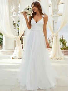 EVER-PRETTY Elegantes Brautkleid mit Spitzen- und Netzeinsätzen, weiß, für Sommer Garten- und Rasenhochzeiten