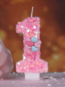 1pc Heart-Shaped Glitter Love Pink Balloon Numeral Birthday Candle, Cake Decoration Party Decor, Anniversary Celebration - Multicolor - View 3