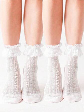 1 Pair Of Women's Solid Color Romantic Pleated Lace Trimmed Heart-Shaped Small Leg Socks. Cute Hollow Mesh Style, Lace Lace Love Socks, Suitable For School Gatherings, Daily Wear, Is A Great Gift, Halloween Gift, Halloween Decorative Socks, Christmas Decoration, Back To School Season, Travel Season, Valentine's Day, Fall