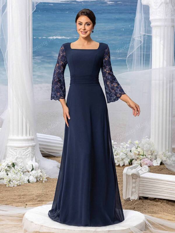 Faeriesty Mosy Elegant Square Neck 3/4 Sleeves Chiffon Formal Dress Mother Of The Bride Dress