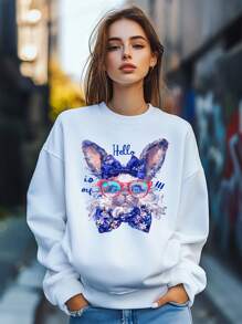 Women's Cartoon Style Cute Bunny Sunglasses Flower Bow Print Sweatshirt Pullover Fall Loose Fashion Long Sleeve Crew Neck Sweatshirt Casual Comfy Clothes
