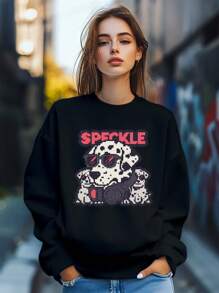 Women's Cartoon Style Dalmatian Dog Boots Sunglasses Print Sweatshirt Pullover Fall Loose Fashion Long Sleeve Crew Neck Sweatshirt Casual Comfy Clothes - Black - View 1