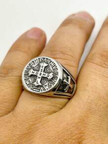 Men's Stainless Steel Ring Order Of Protection Of Saint Benedict Gold Plated Silver Cross - Bạc - Xem 3