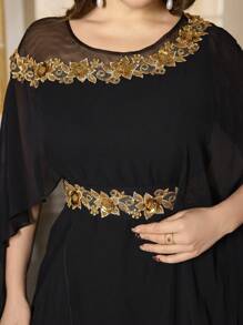 圆领长袖奢华刺绣亮片收腰优雅晚礼服 春季黑色 - 黑色 - 查看 5