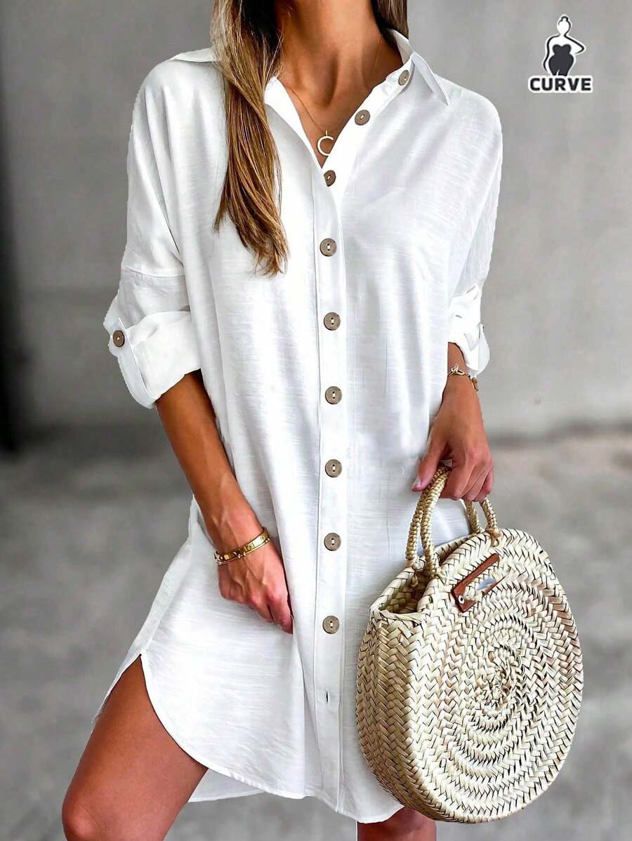 Plus Size Women's Solid Color Rolled Sleeve Single-Breasted Casual Shirt Dress