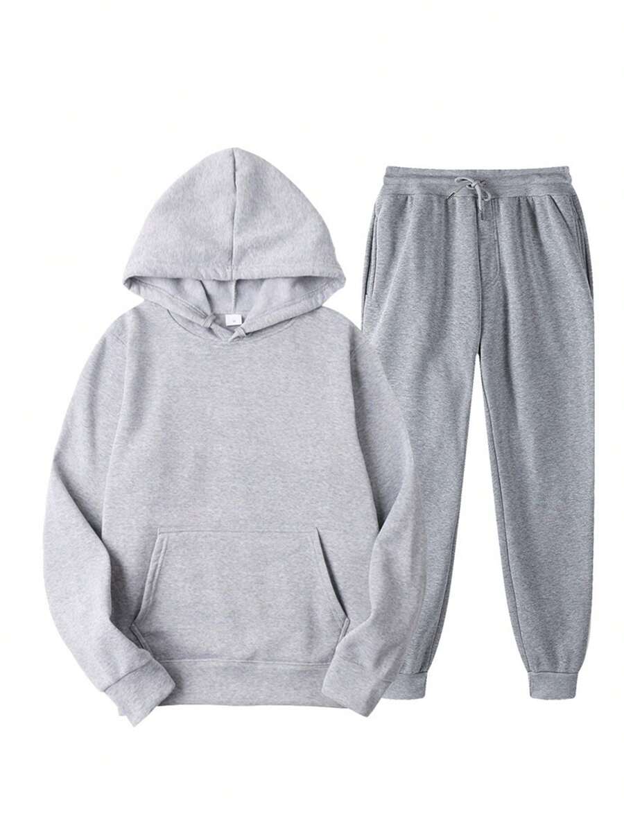 2Pcs Womens Spring Fall Sportswear Solid Color Hooded Long Sleeves Sweatshirt Drawstring Slacks Set Streetwear - Gris Claro - Ver 1