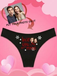 1pc Customized Anniversary Couple Boyfriend Husband Portrait Christmas Letter Print Sexy Thong Panties, Elastic Low Waist Revealing Butt Lingerie, Holiday Gift - Black - View 4