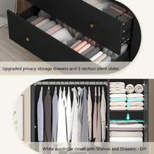 3 Doors Wardrobe Closet With Mirror & LED Lights, Bedroom Armoire With Drawers & Shelves, Modern Wooden Armoire Wardrobe Closet With Hanging Rod For Bedroom,Black - 黑色 - 查看 7