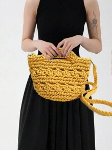 Bolso de playa de crochet de algodón para mujer, bolso de hombro con asa superior, lindo bolso cruzado, bolso pequeño para uso en vacaciones - Amarillo - Ver 4