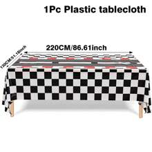1pc/3pcs Racing Car Theme Table Cover, Black And White Checkered Car Runway Tablecloth,Birthday Party Supplies, Racetrack Disposable Plastic Table Covers For Racing Car Theme Party Supplies Birthday Table Decorations, Party Favor